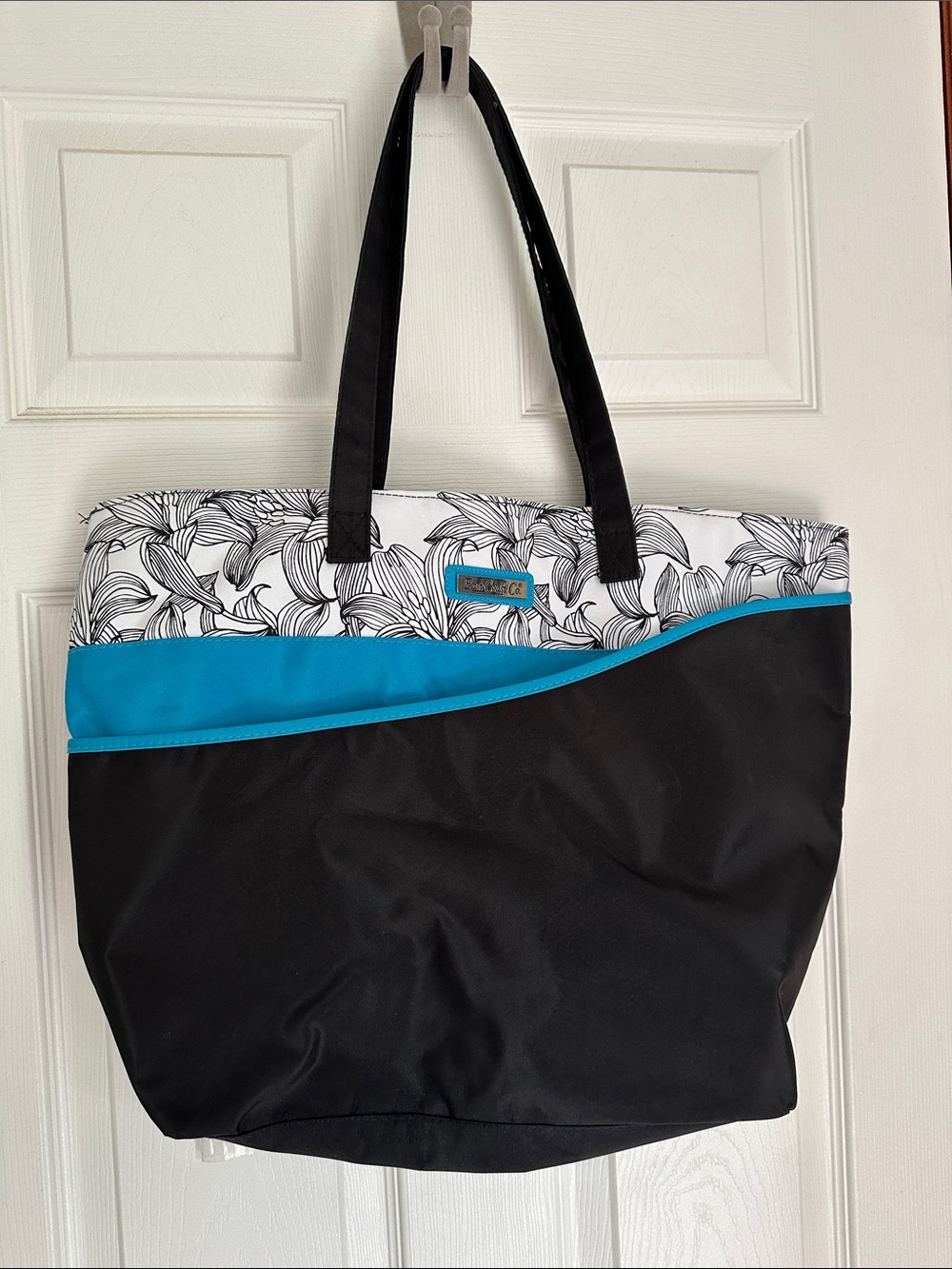 East Coast Company Floral-Trim Black & Teal Tote Bag approx 20 x 13”